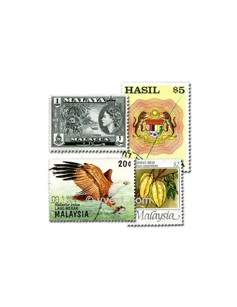 MALAISIE : pochette de 100 timbres (Oblitérés)