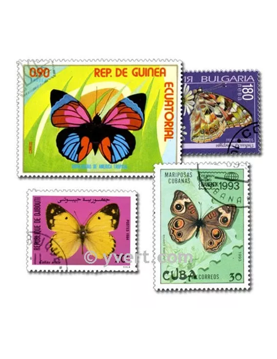 PAPILLONS : pochette de 100 timbres (Oblitérés)