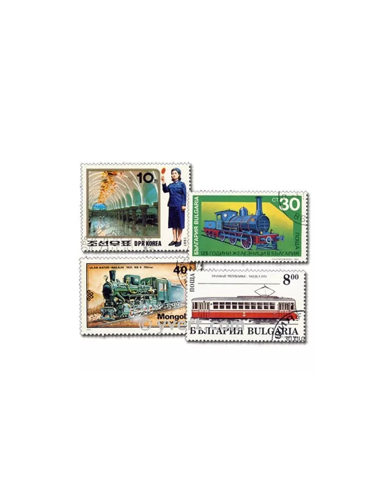 TRAINS : pochette de 200 timbres (Oblitérés)