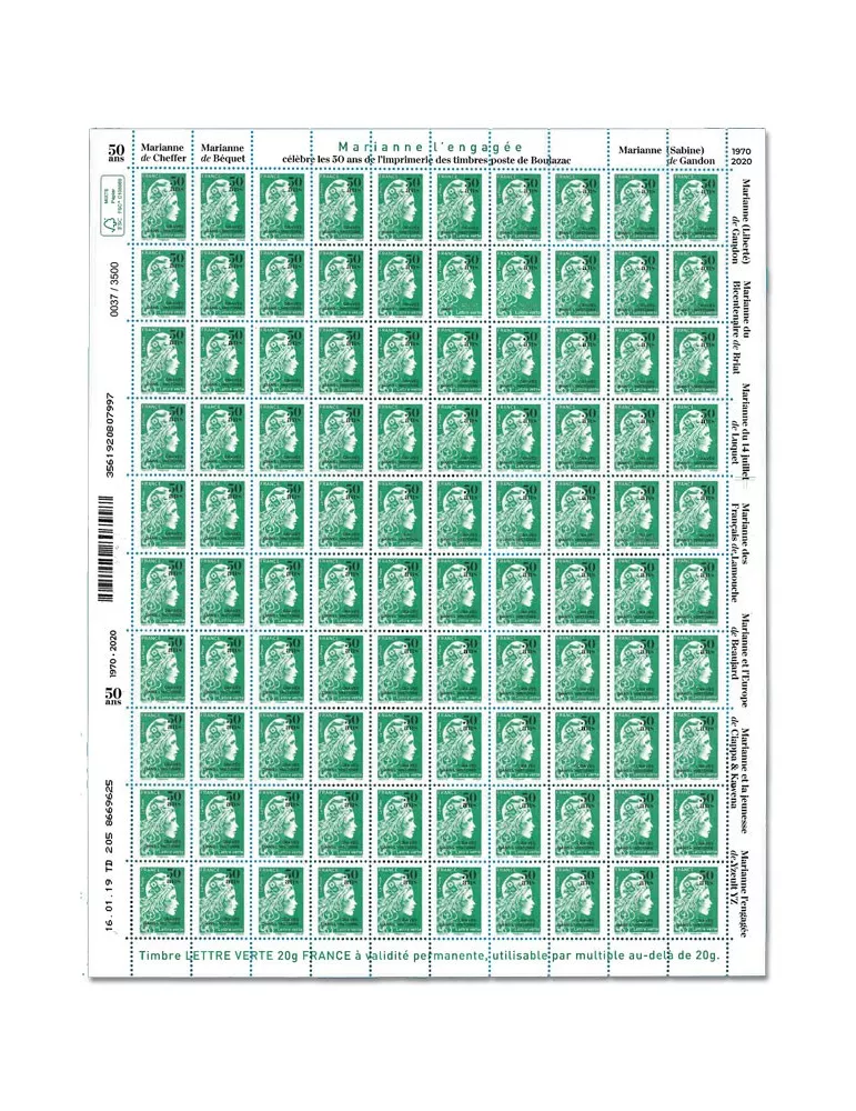 n° 5439 - Timbre France Poste (Feuille Marianne l’Engagée LV surchargée)