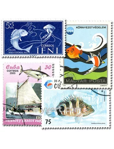 POISSONS : pochette de 100 timbres (Oblitérés)