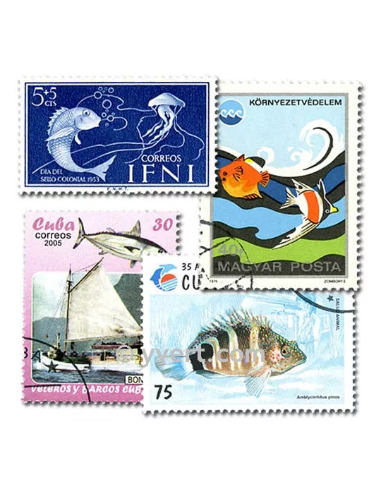 POISSONS : pochette de 100 timbres (Oblitérés)