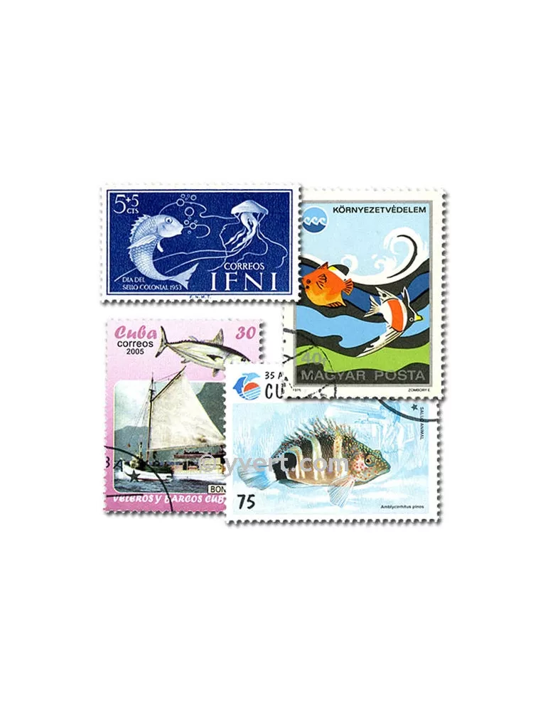 POISSONS : pochette de 300 timbres (Oblitérés)