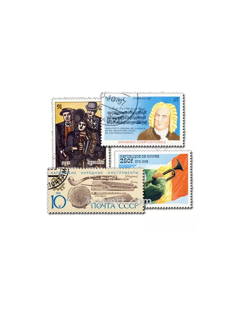 MUSIQUE & MUSICIENS : pochette de 100 timbres (Oblitérés)