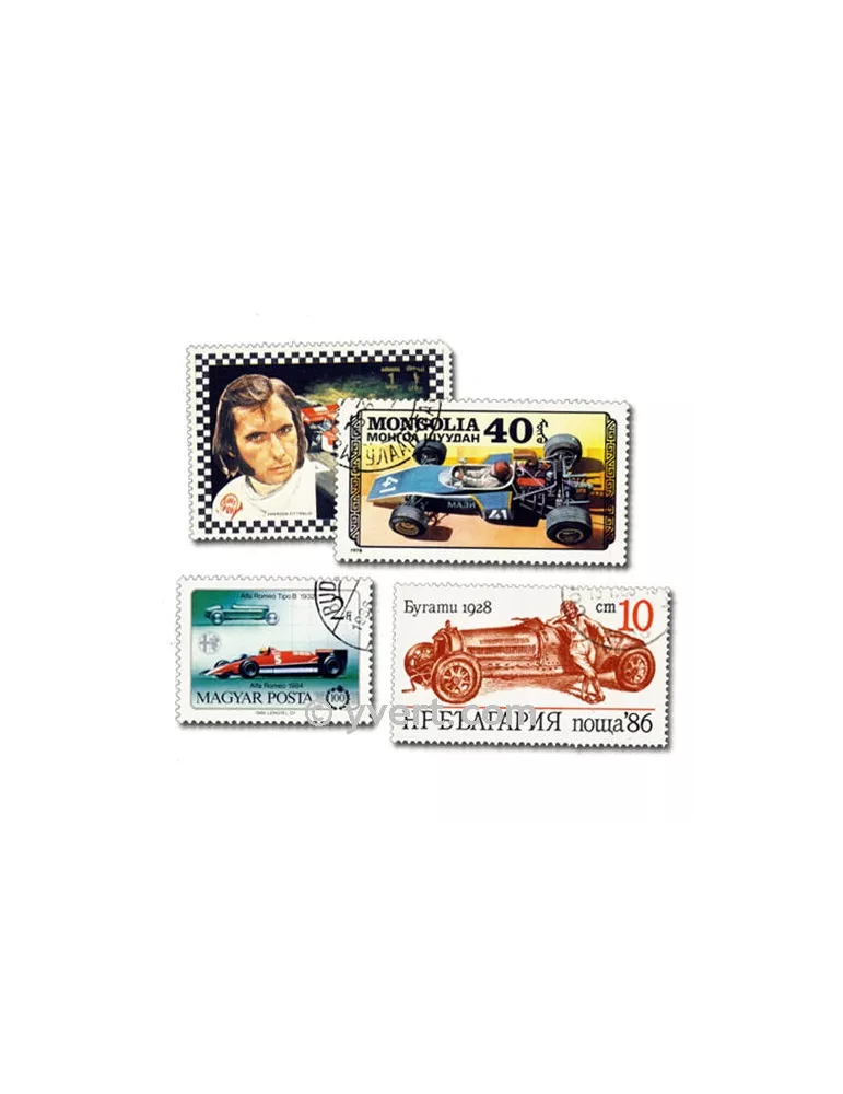 VOITURES DE COURSE : pochette de 50 timbres (Oblitérés)