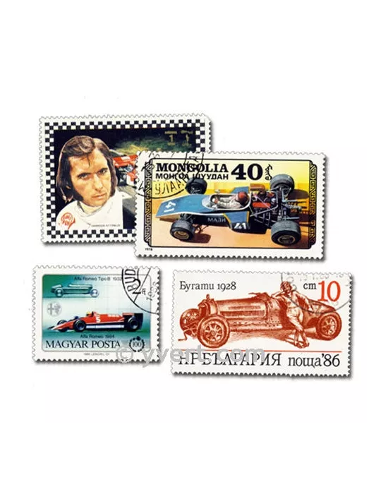 VOITURES DE COURSE : pochette de 50 timbres (Oblitérés)