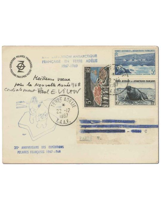 TAAF : Carte de vœux de Paul Emile Victor de 1968