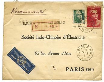 France : n°728 + 733 obl. càd B.P.M. 403 x 411 (1946) sur lettre recommandée avion avec griffe B.P.M 403 ANNEXE DE HANOÏ