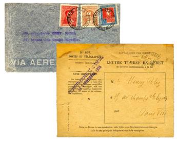Argentine : 3-11-1935. Lettre de Buenos Aires adressée à Henry Potez à Paris + enveloppe de réexpédition PTT n°827 avec griffe violette COURRIER ACCIDENTE AU BRESIL LE 3 NOVEMBRE 1935, accident du Laté 28 de Depecker à Aracaju (Brésil).
