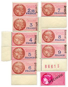 France : Timbres fiscaux - Médaillon de Daussy de 1935, fond rose, médaillon rouge-brun et V.F. en bleu