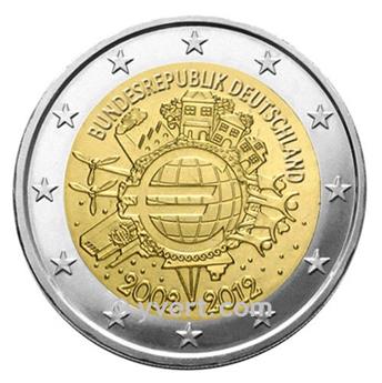 2 EURO COMMEMORATIVE 2012 : ALLEMAGNE (5 pièces - 10 ème anniversaire de la mise en circulation des billets et des pièces en Euros)