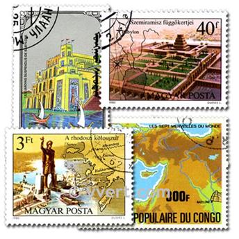 SEPT MERVEILLES DU MONDE : pochette de 25 timbres (Oblitérés)